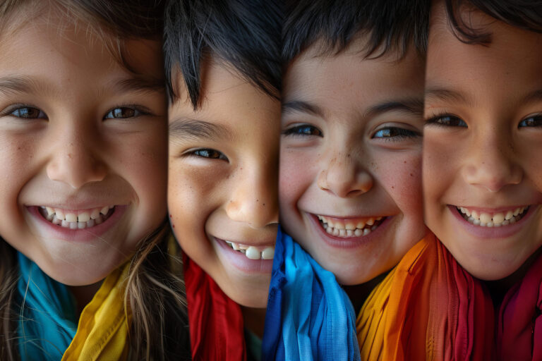 children with different colors smile from different angles, in t